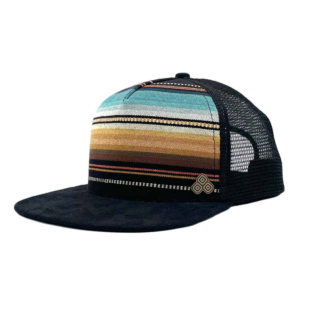 Five-panel low-profile Zuma Aztec unisex trucking hat. Hand loomed Indian cotton fabric and faux suede. *desert