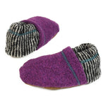 Soft purple baby booties with black and white stripe heels and contrast stitching. Shop infant and toddler shoes.