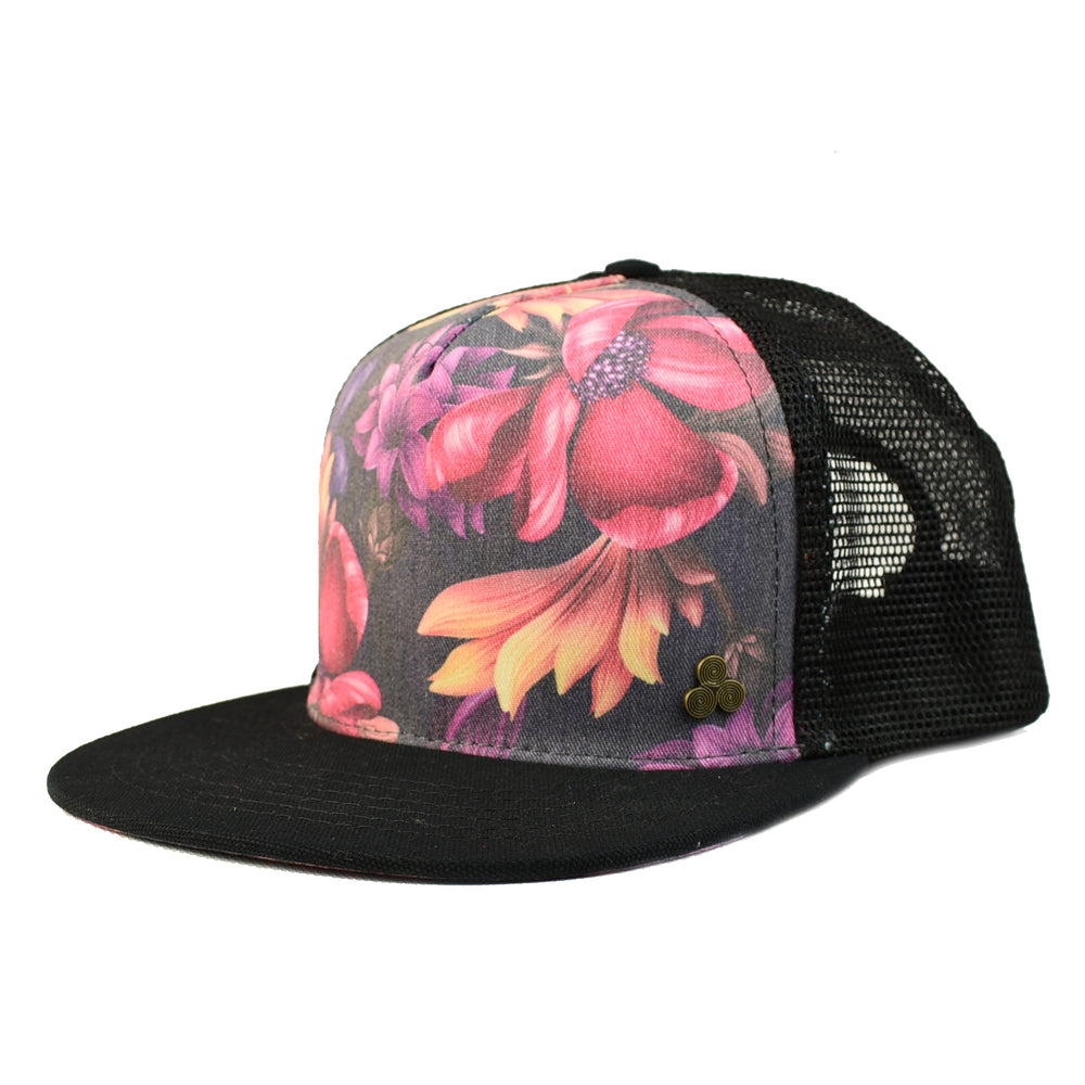 Unisex low-profile floral trucker hat. Adjustable snap with mesh back. Inspirational quote inside. *botanical