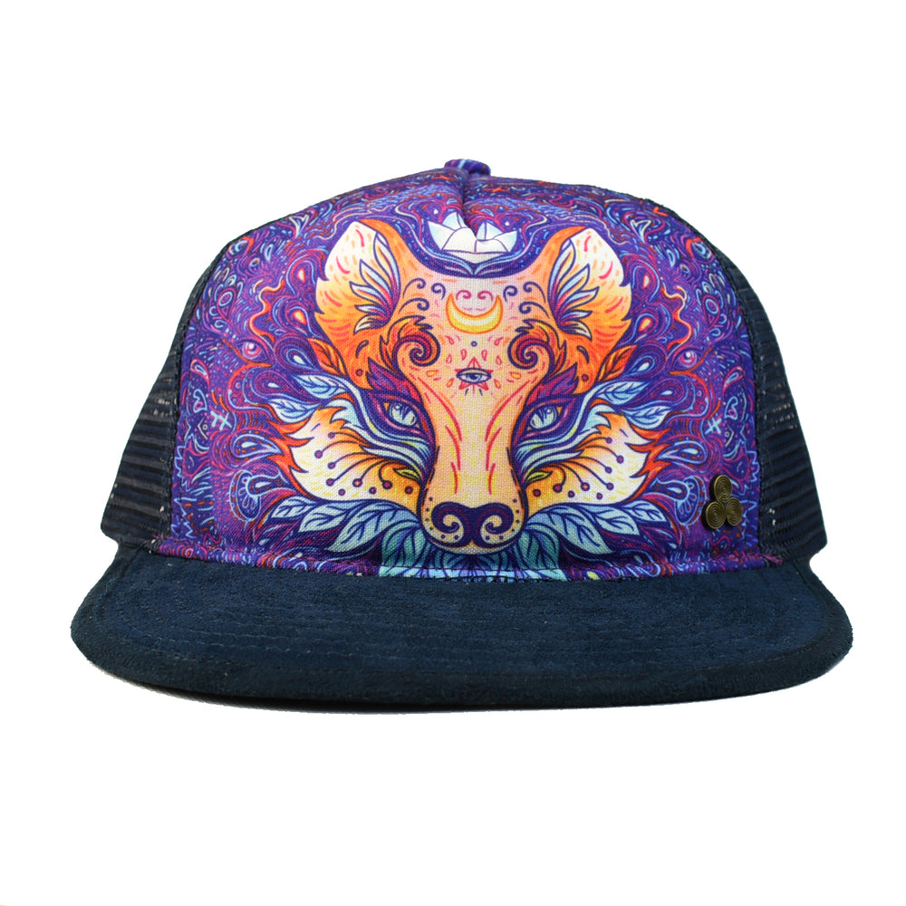 Graphic print mystical fox trucker hat. Adjustable snap with mesh back. Made in the USA. Shop sustainable gifts and hats.