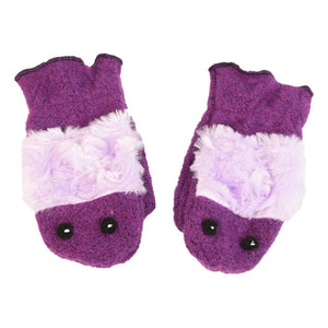 Silly monster mittens for kids. Warm fleece gloves made in USA with upcycled fabrics and faux fur trim. *purple with pink fur