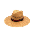 Handwoven palm straw sun hat with extra wide brim for sun protection.